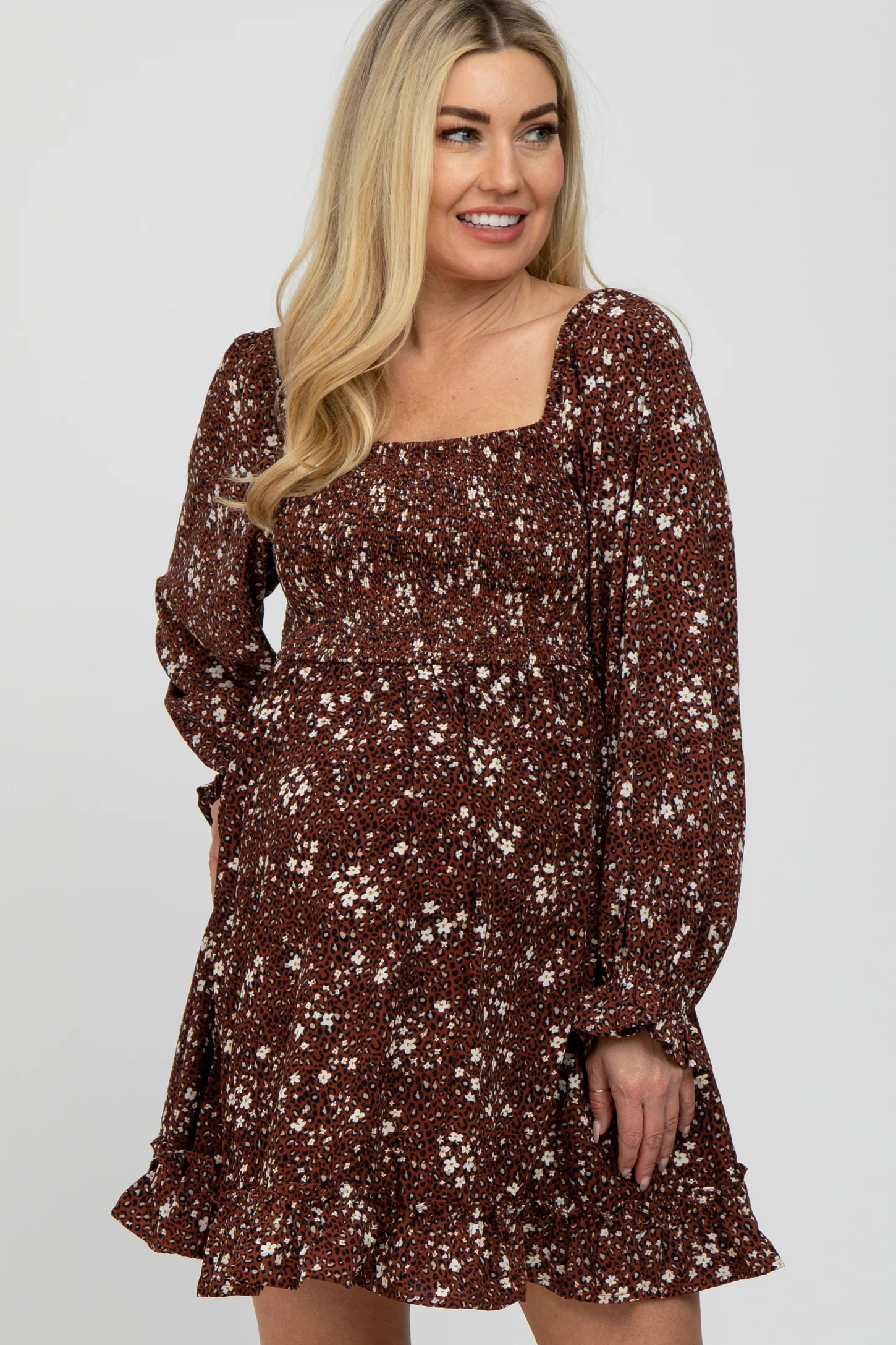 Rust Floral Leopard Print Smocked Maternity Dress | PinkBlush Maternity