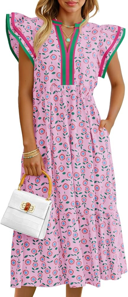 Wenrine Womens Summer Floral Midi Dresses Ruffle Cap Sleeve V Neck Flowy Boho Casual Beach Vacati... | Amazon (US)