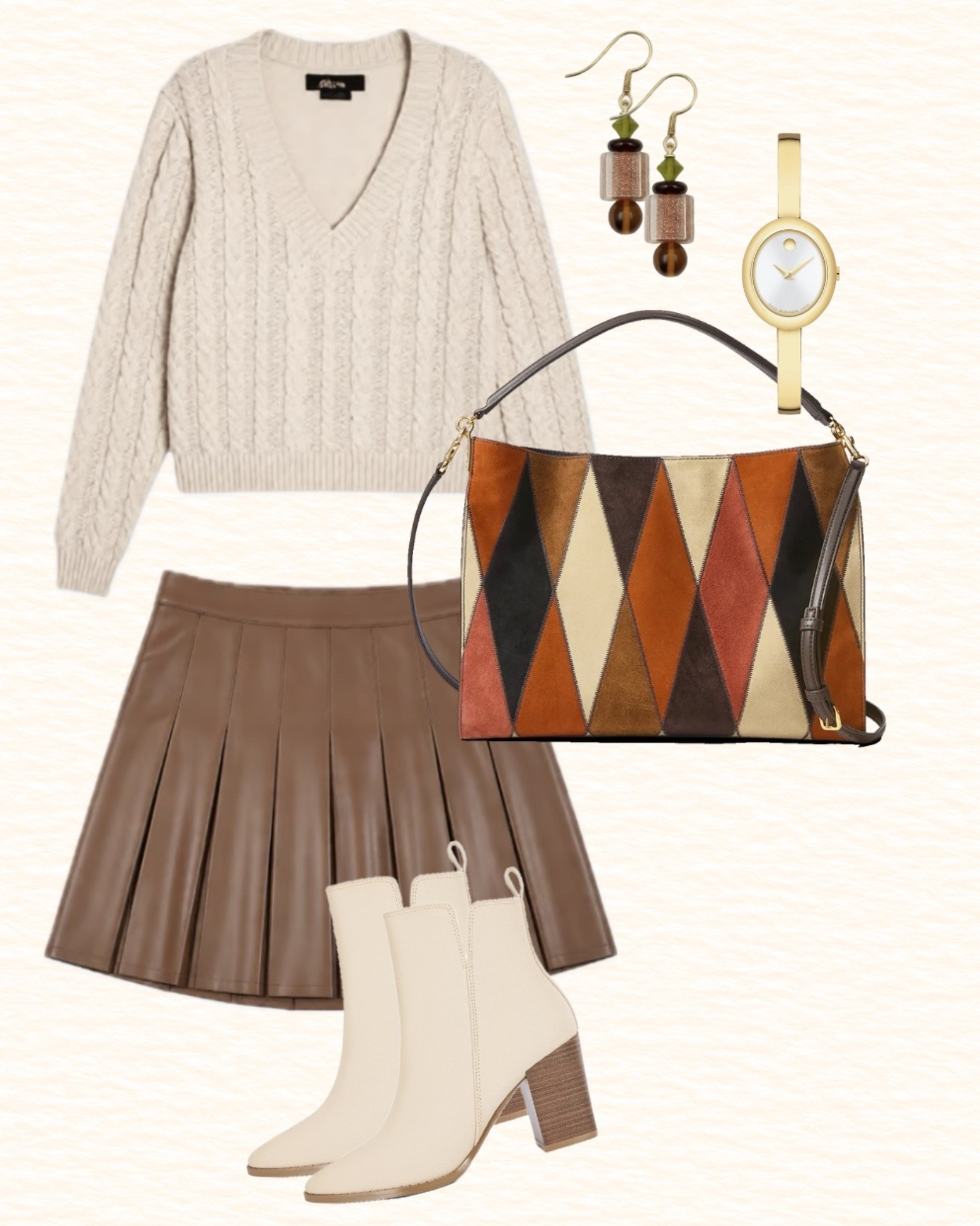 Another summer into fall outfit I can’t wait to wear. This Veronica beard purse is my favorite suede bag. Paired with a faux leather skirt, cream sweater, matching booties, and some pretty jewelry. Similars linked since some of these items are old.

#LTKSeasonal #LTKPetite #LTKootd
