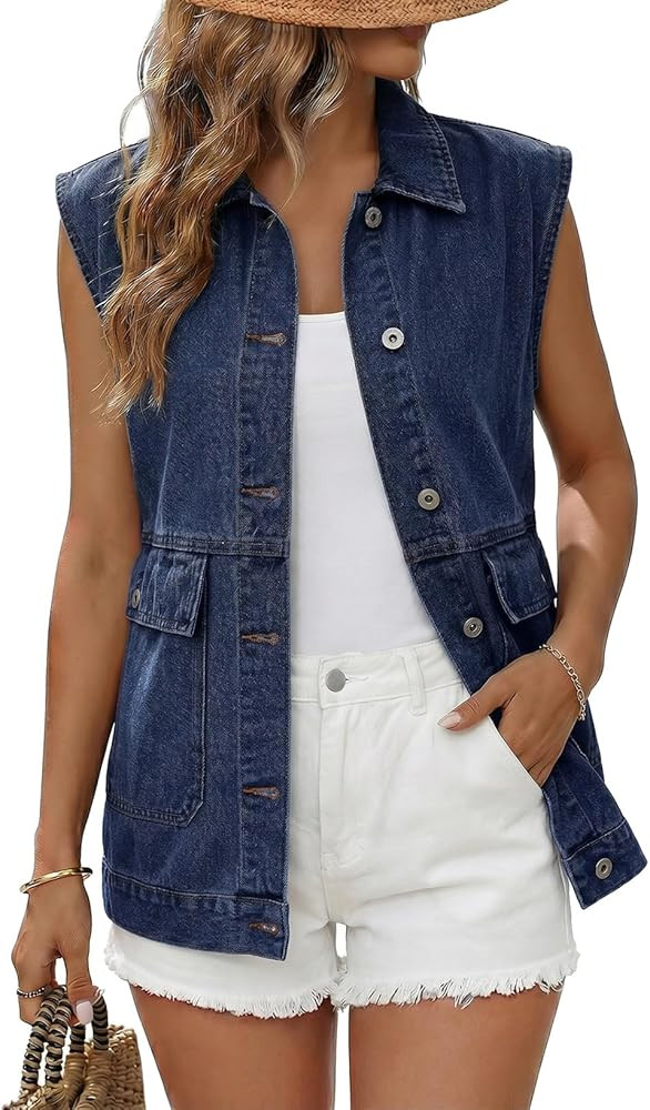 Dokotoo Women's Casual Denim Vest Sleeveless Jacket Vest with Pockets | Amazon (US)