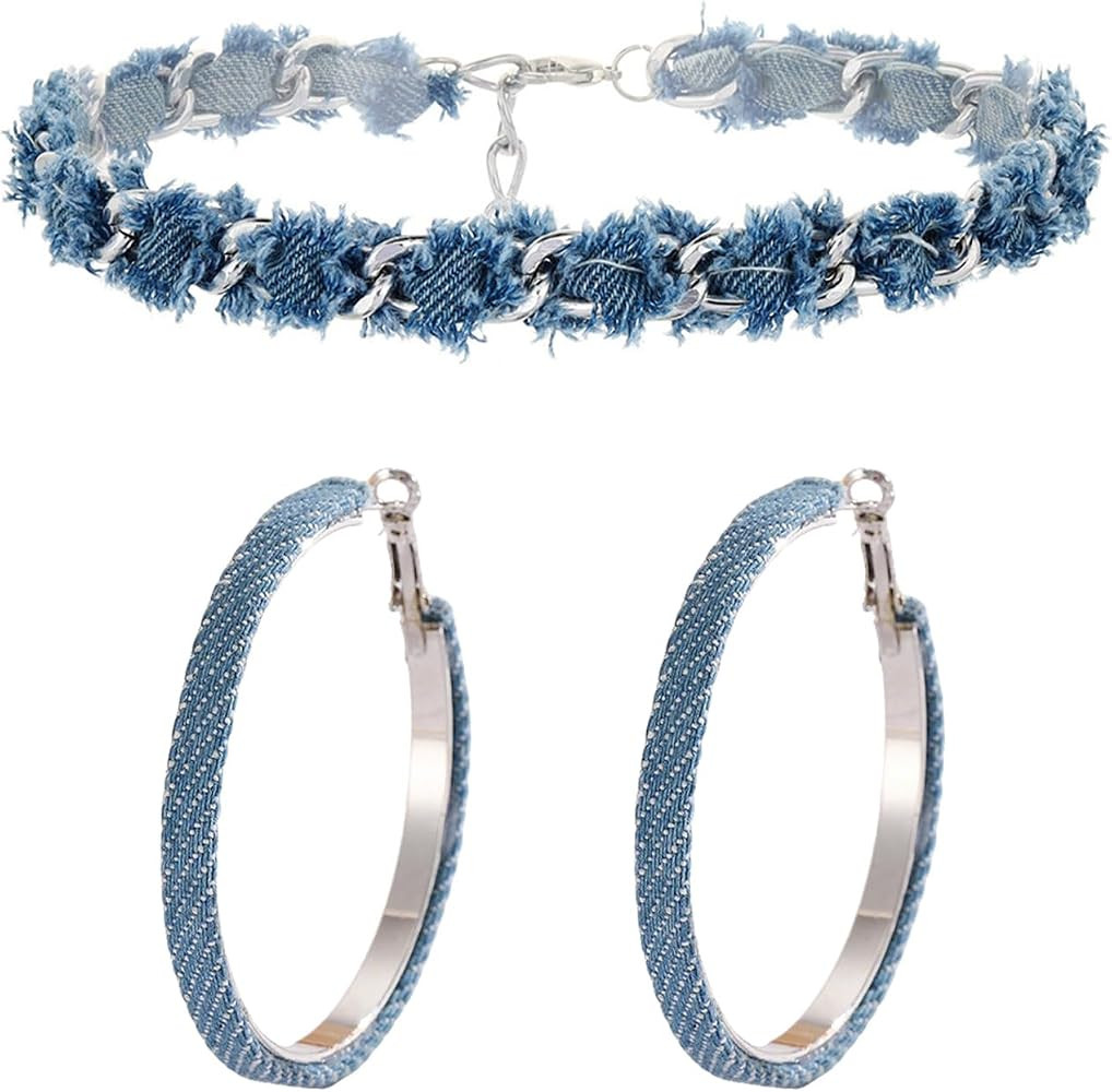 WCRAZYE Bohemia Denim Earrings Necklace Set for Women Punk Blue Jean Denim Chain Choker Necklace ... | Amazon (US)