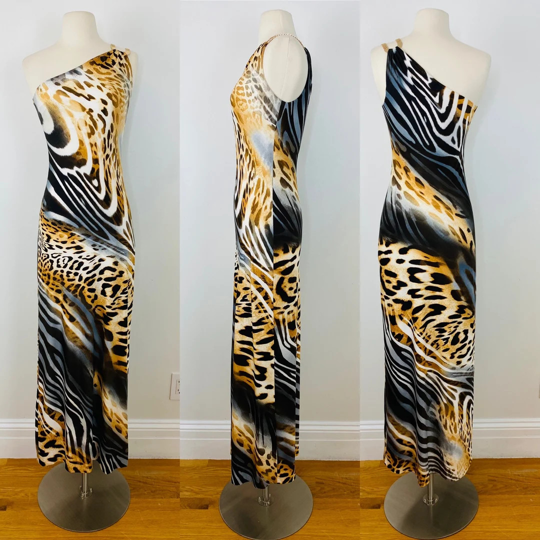 Vintage Y2K Cache One Shoulder Maxi Animal Print Leopard Zebra Dress Gold Hardware XS | Etsy (US)