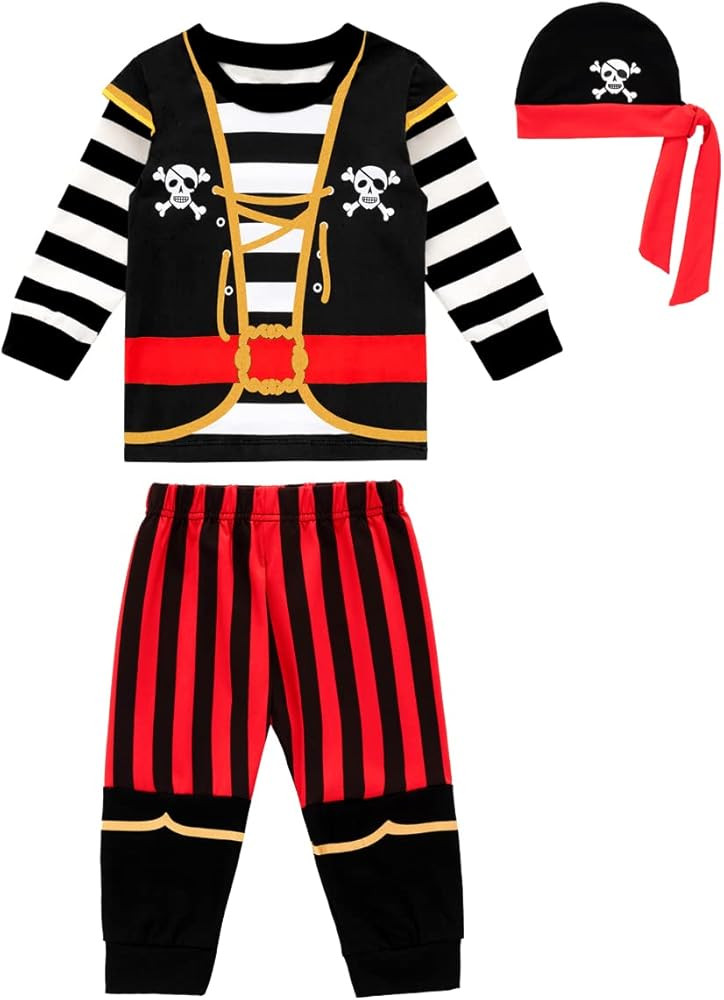 3Pcs Toddler Boys Outfits Halloween Pirate Striped Trousers Kids Long Sleeved Clothes with Hat | Amazon (US)