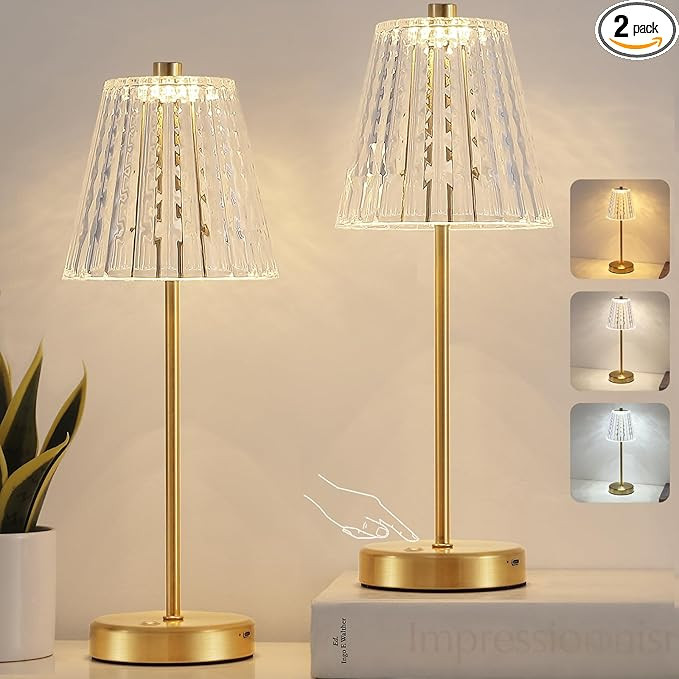 Cordless Table Lamps Set of 2, 6000mAh Battery Operated LED Gold Small Table Lamp 3 Color Steples... | Amazon (US)
