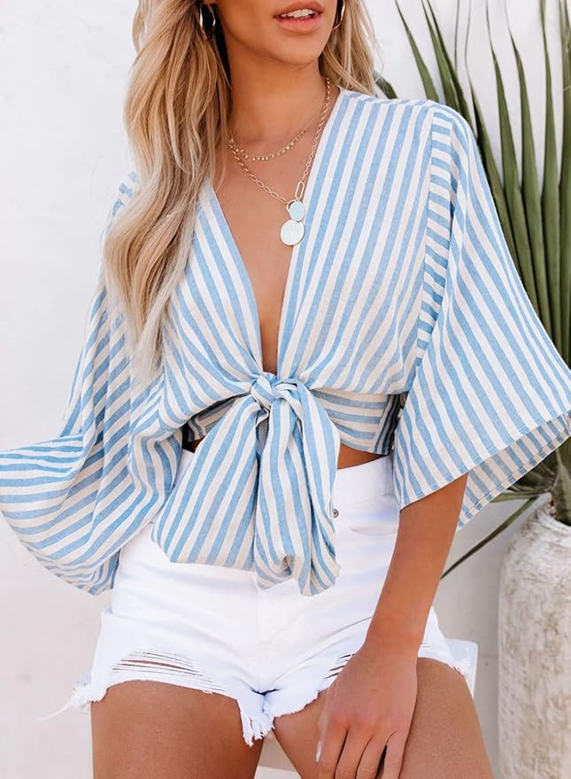 Dokotoo Womens Sexy Casual Striped Tie Knot Front Crop Tops Deep V Neck Chiffon Short Blouse Shir... | Amazon (US)