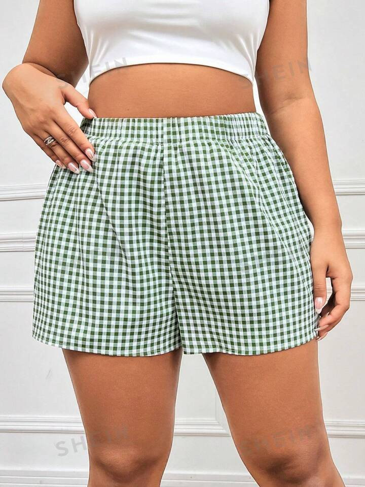 SHEIN CURVE+ Plus Size Summer Casual Plaid & Floral Printing Shorts With Elastic Waistband | SHEI... | SHEIN