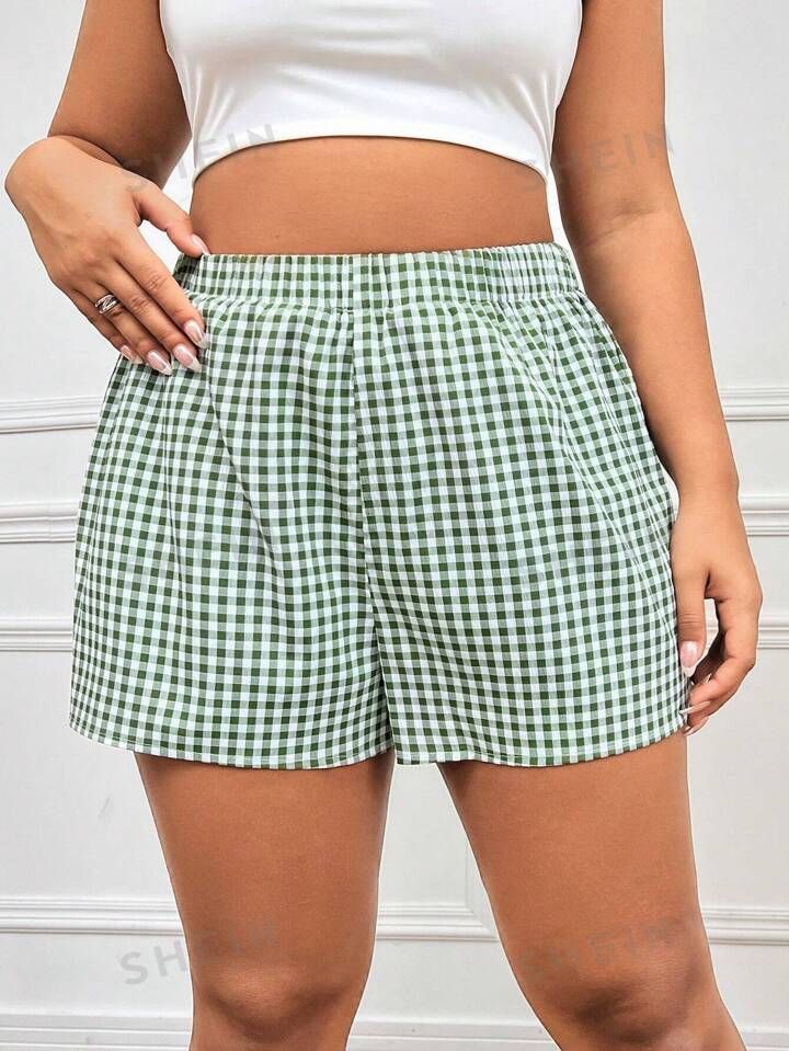 SHEIN EZwear Plus Size Summer Casual Plaid & Floral Printing Shorts With Elastic Waistband | SHEIN