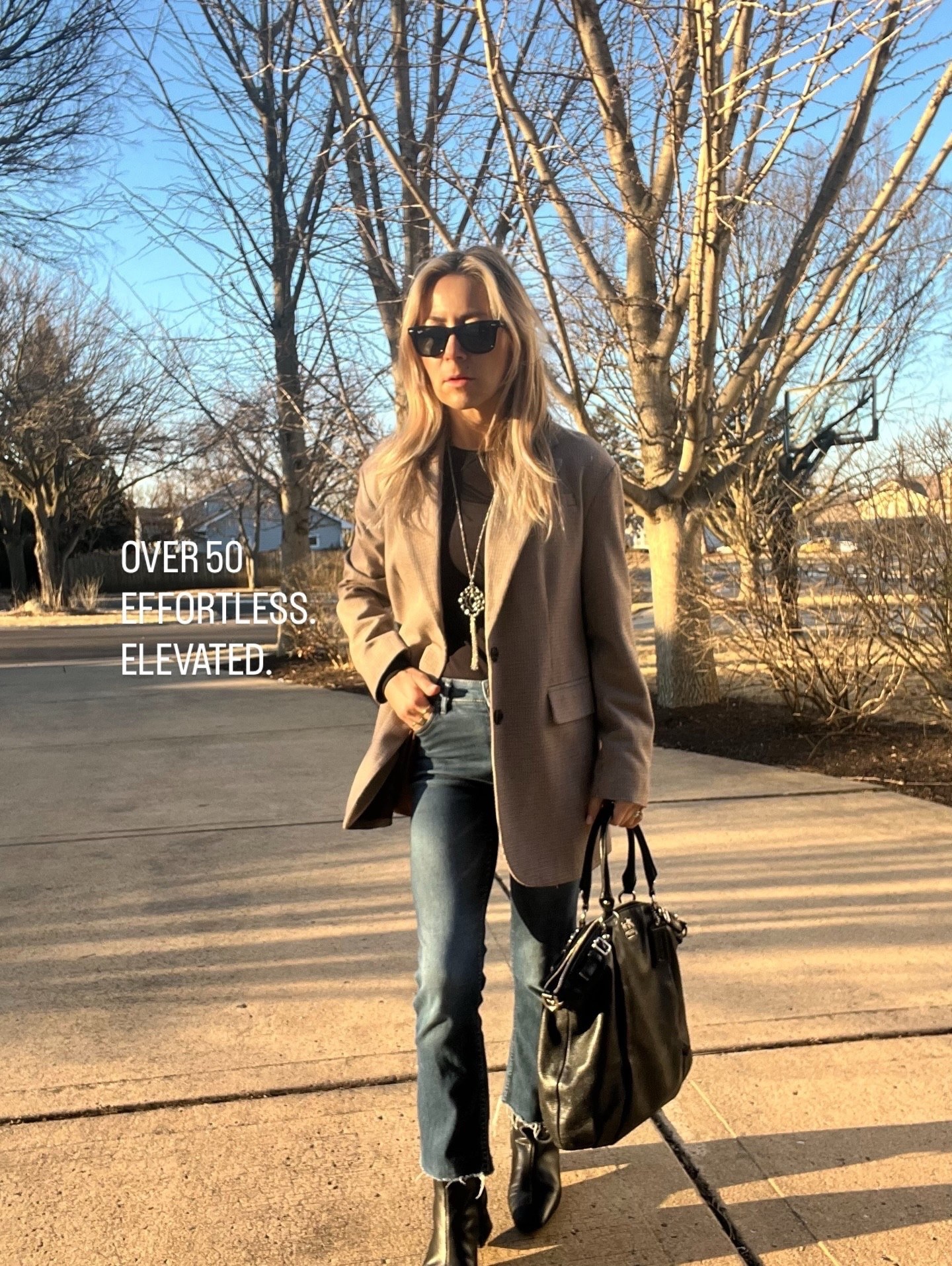 Blazer outfit formula for women over 50.

Over 50. Effortless. Elevated.

Classic style isn’t about trends.
It’s about structure, fit, and balance.

Today’s over-50 outfit formula:

• Structured neutral blazer – sharpens denim instantly
• Fitted black top – keeps the silhouette clean
• Straight-leg jeans – timeless and flattering
• Black leather booties – elongate the leg line
• Long tassel necklace – adds vertical polish
• Classic black leather bag – structure equals power
• Black sunglasses – the finishing touch that pulls it together

The secret?
Clean lines. Neutral palette. Structure on top. Simplicity below.

Style doesn’t expire at 50.
It refines.

Everything linked in bio.
Follow for elevated everyday outfit formulas that actually work.