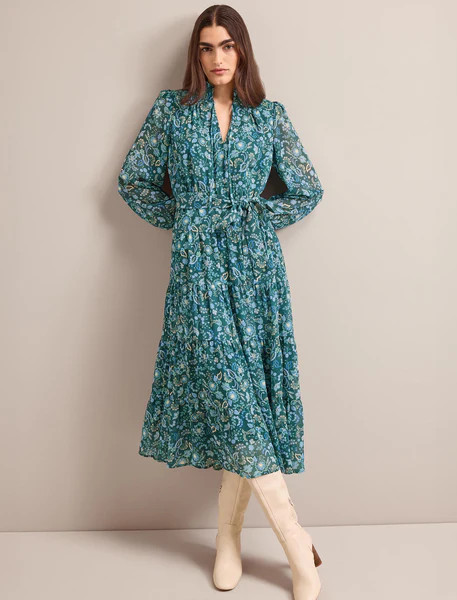 Marina Maxi Dress - Dark Green Pale Blue Large Floral Print | Cefinn