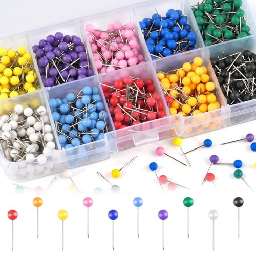 1000 Pcs Multi-Color Push Pins, Map Pins for Travel Map, 1/8" Small Map Tacks with Plastic Beads Head for Cork Board, World Map Pin Board, Bulletin Board, Fabric Marking, Craft, Office | Amazon (US)