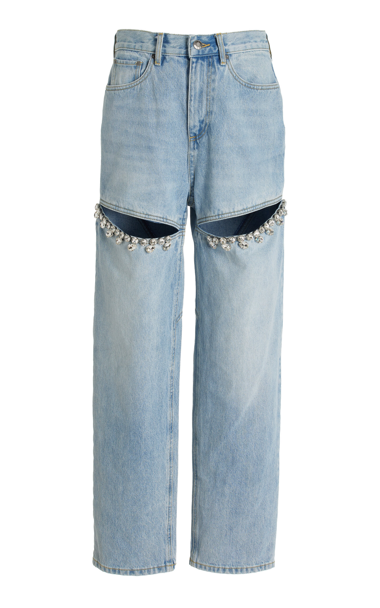 Area - Women's Crystal-Embellished Slit Rigid High-Rise Straight-Leg Jeans - Light Wash - 28 - Moda  | Moda Operandi (Global)