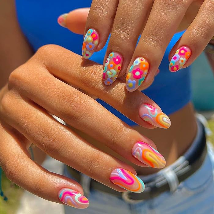 Medium Almond Press on Pink False Nails with Rainbow Swirls Flower Pattern Designs - French Tips,... | Amazon (US)
