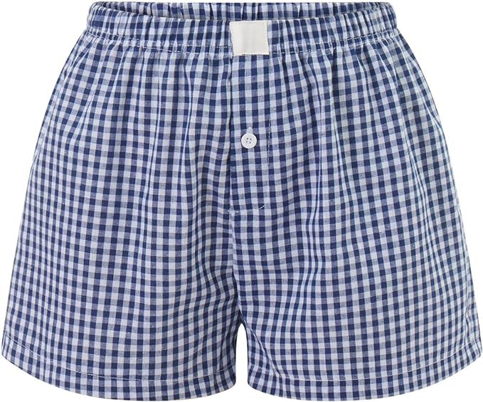 Meihuida Women Gingham Boxer Shorts Y2k Cute Stripes Plaid Button Elastic Waist Lounge Boxers | Amazon (US)