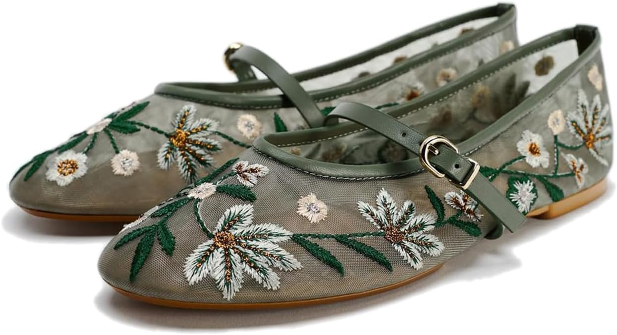 Mesh Ballet Flats for Women Embroidered Floral Mary Jane Flats Round Toe Slip On Ballerina Shoes ... | Amazon (US)