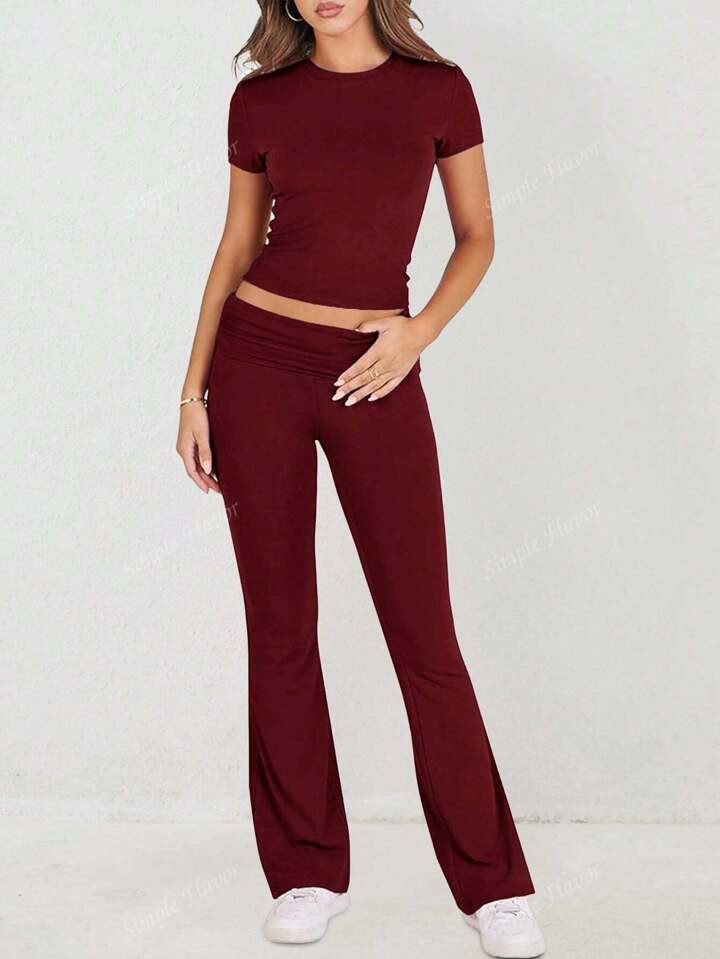 2pcs Set: Short Sleeve T-Shirt And Flare Leg Pants, Casual Sports Outfit | SHEIN
