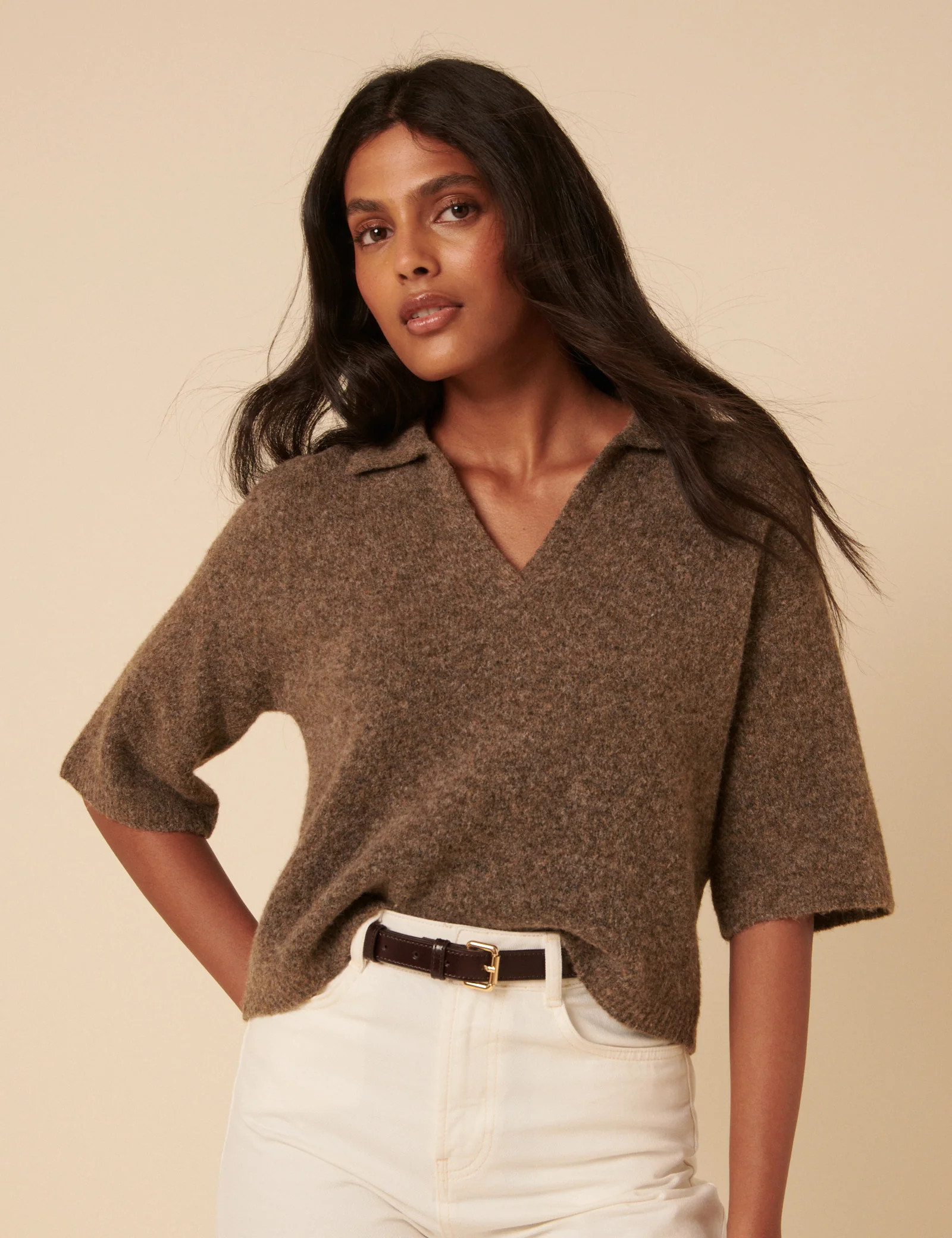 Brown Open Collar Knitted T-Shirt | Nobody's Child
