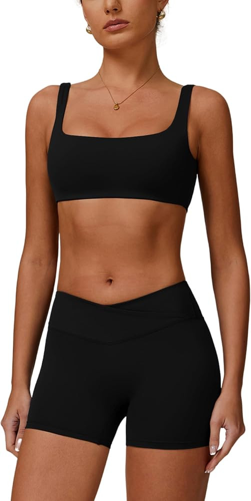 ABOCIW Workout Sets for Women Square Neck Sports Bra Crossover Waist Scrunch Butt Lifting Shorts ... | Amazon (US)