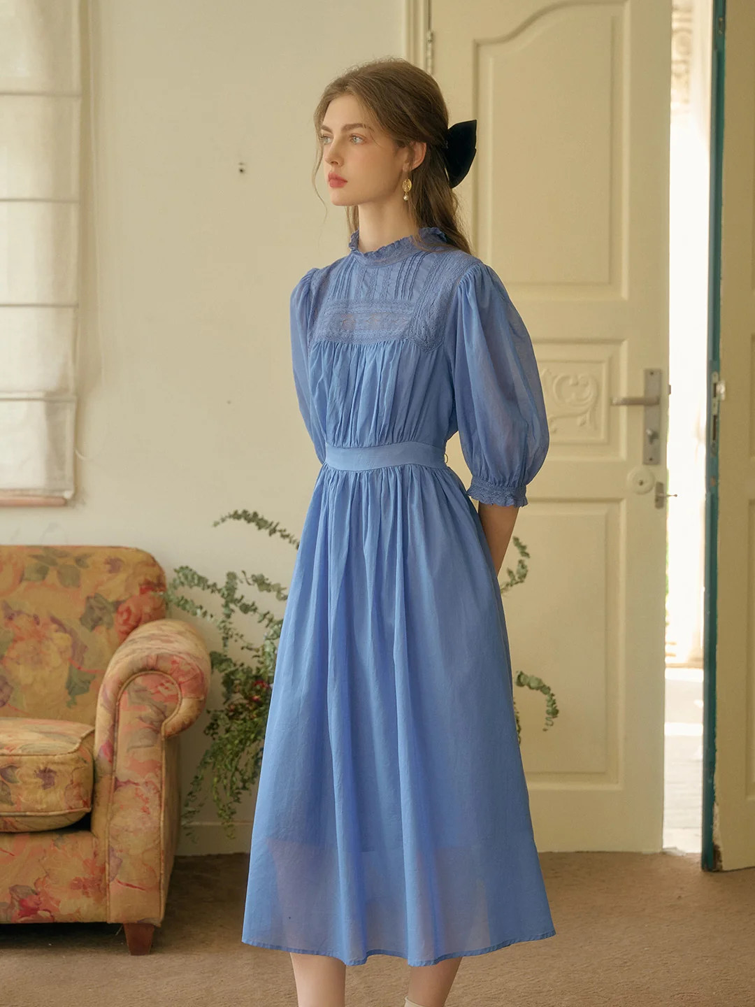 Averie Lace Panel Blue Cotton Dress | Simple Retro