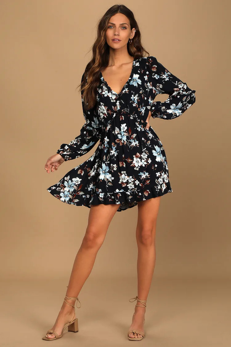 Lovely Blooms Navy Blue Floral Print Long Sleeve Babydoll Dress | Lulus (US)