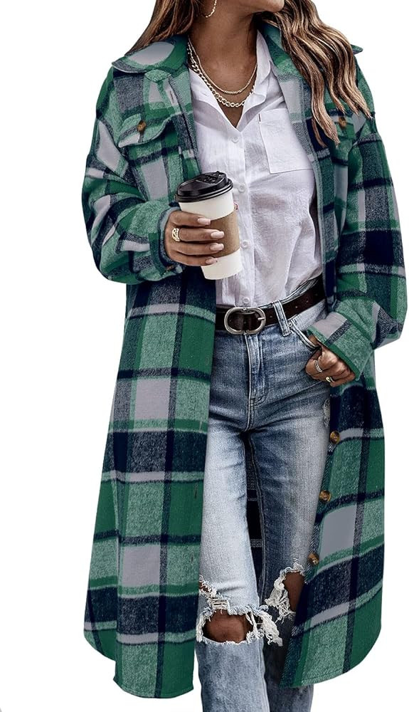 CHICZONE Womens Plaid Shacket Jacket Long Corduroy Shirt Casual Lapel Button Down Flannel Trench ... | Amazon (US)