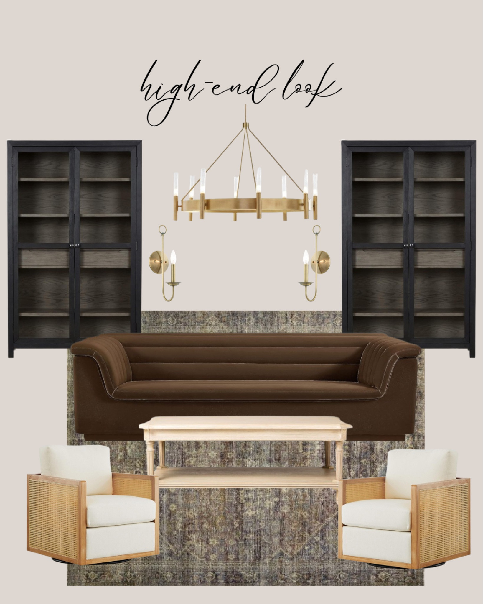 Amazon high end look:
Brown sofa. Gray rug. Light wood coffee table. White accent chairs. Black cabinet tall. Gold sconces. Gold chandelier.

#LTKSaleAlert #LTKHome