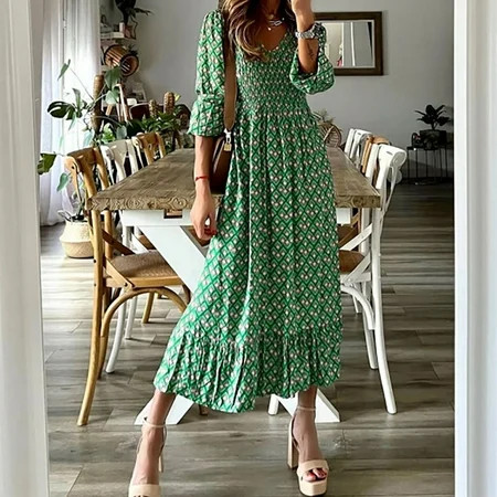 Njoeus Long Sleeve Womens Dresses Fall Dresses For Women Fashion Women Casual Print V-Neck High Wais | Walmart (US)