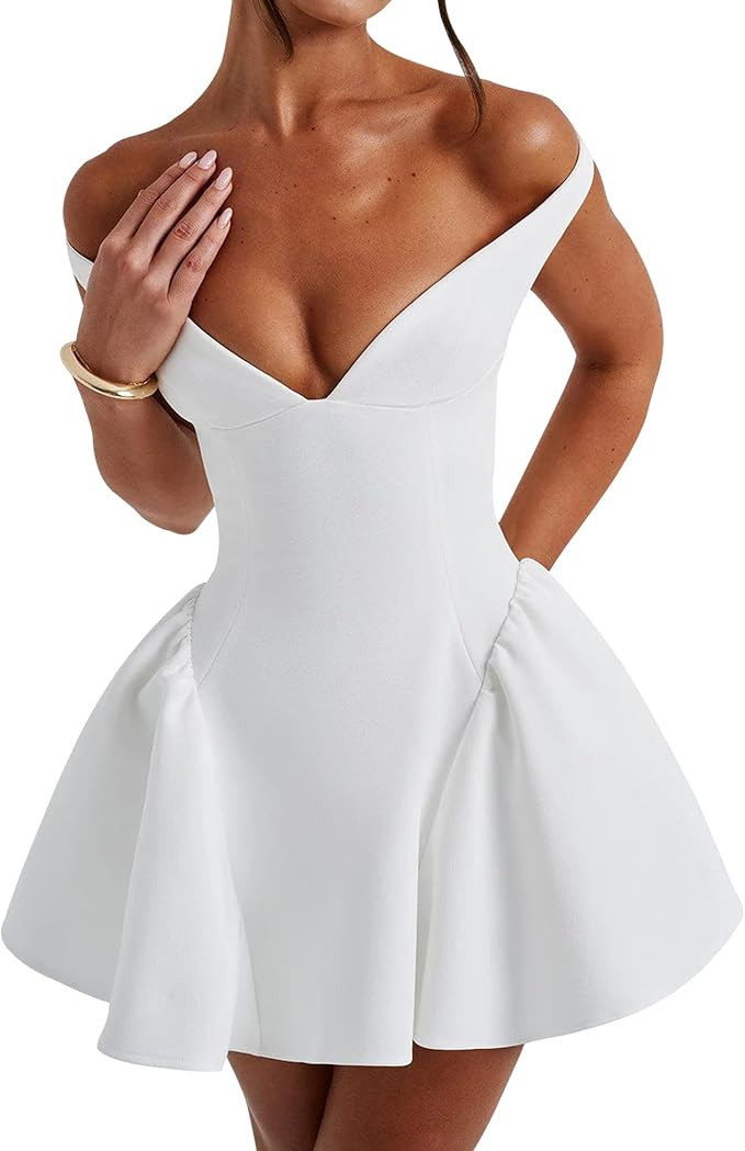 Azhong Women's Summer Sexy V Neck Off Shoulder Wedding Mini Dresses Backless A Line Puffy Hem Pro... | Amazon (US)