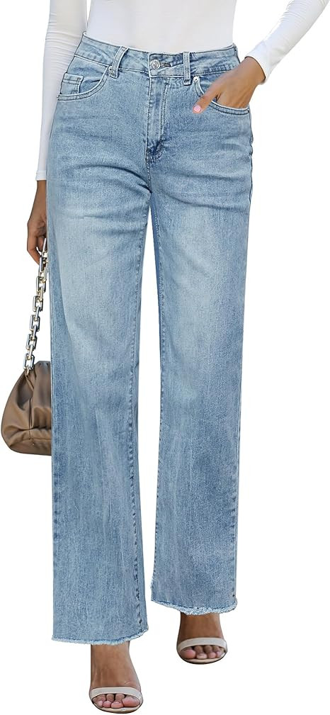 GRAPENT Straight Leg Jeans for Women High Waisted Stretchy Frayed Raw Hem Loose Denim Pants Casua... | Amazon (US)