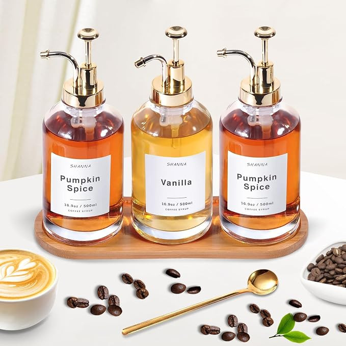 Coffee Syrup Dispenser for Coffee Bar, 16.9oz 500ml Glass Syrup Dispenser w Golden Coffee Scoop, ... | Amazon (US)