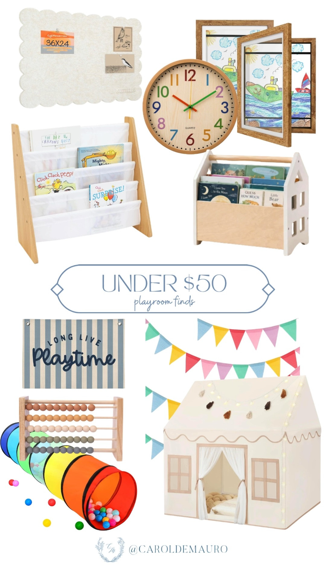 So many cute playroom finds that won't break the bank! A felt bulletin board, art display frames, and a little reading nook all under $50.

playroom decor, budget decor ideas, kids art display, playroom organization, affordable kids decor, toddler play space