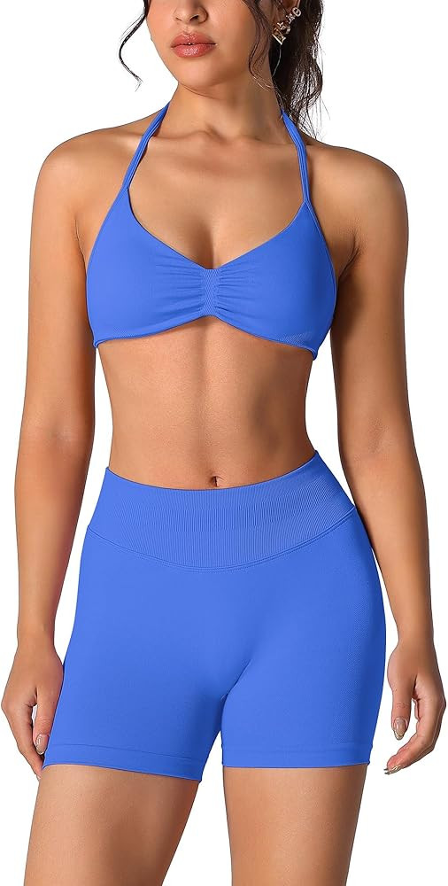 ABOCIW Womens Seamless Workout Sets 2 Piece Strappy Halter Sports Bra Scrunch Butt Shorts Gym Yog... | Amazon (US)