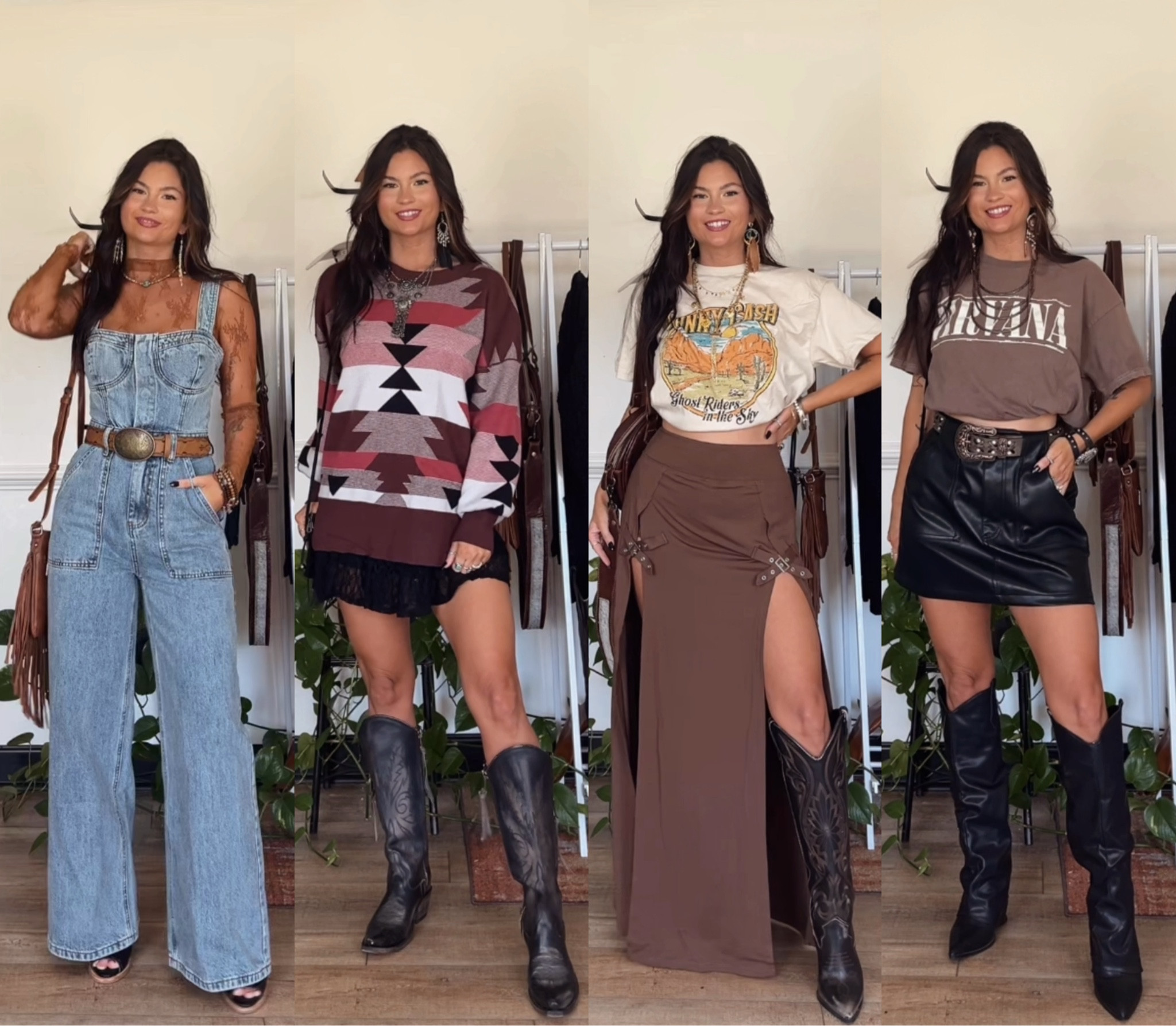 Kinda western, bohemian, edgy styles! I love mixing them up! 

Definitely recommend sizing up on the denim jumpsuit! No stretch to it, I’m wearing small. Code LORI20 to save on leather skirt. Code LORI to save on black leather boots & black lace skort  

#LTKSeasonal #LTKShoeCrush #LTKStyleTip