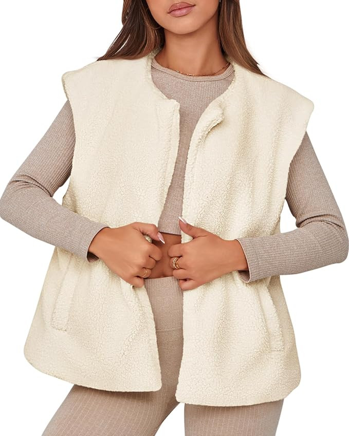 Tankaneo Womens Oversized Fuzzy Fleece Vest Outwear Cap Sleeve Casual Fall Sherpa Jackets | Amazon (US)