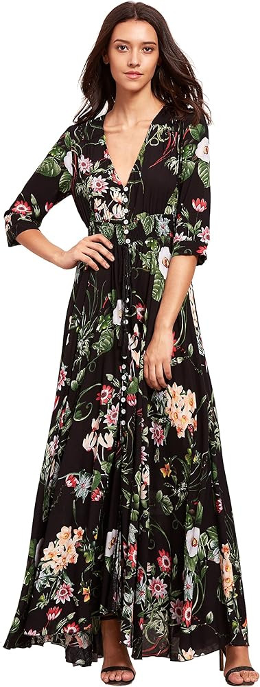 Milumia Women's Button Up Split Floral Print Flowy Party Maxi Dress Green | Amazon (US)