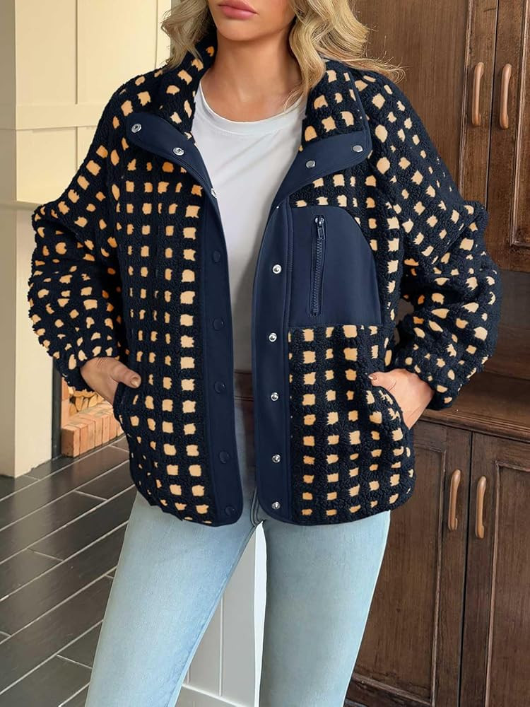 Tankaneo Womens Fleece Sherpa Jacket Fuzzy Checkered Button Down Stand Collar Jacket Winter Warm ... | Amazon (US)