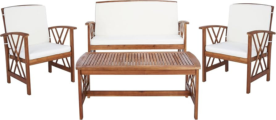SAFAVIEH Outdoor Collection Fontana Natural/ Beige 4-Piece Conversation Patio Set with Cushions | Amazon (US)