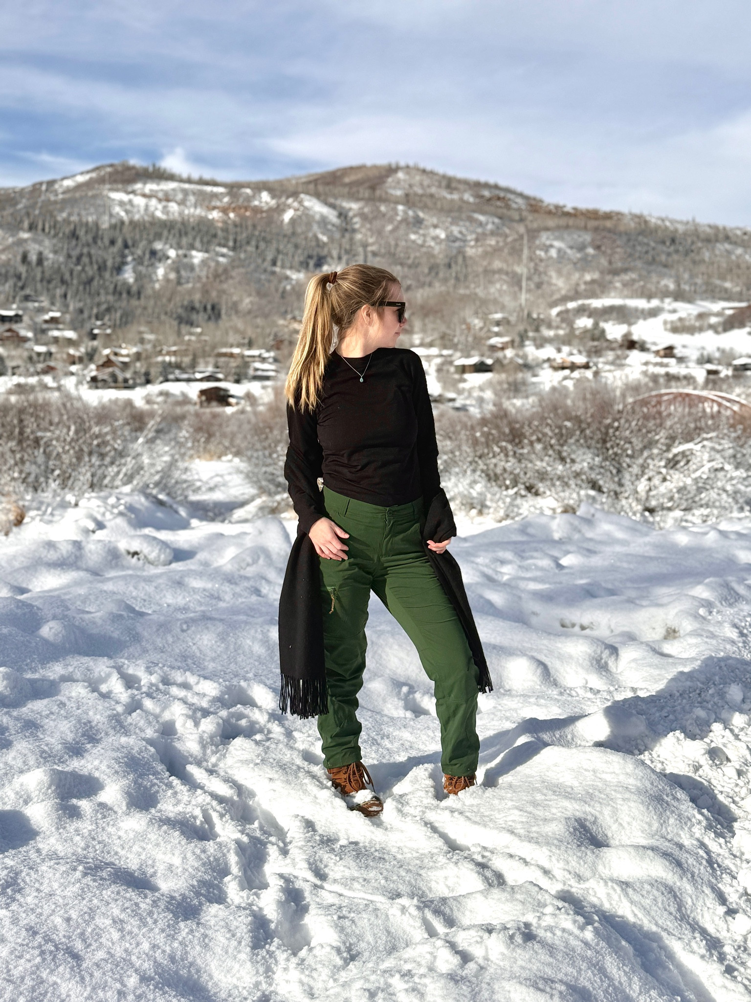 This new black long sleeve shirt from Halfdays is my now go to for all hikes! This company makes hiking & ski clothing & its quality! It kept me so warm & it has material that keeps it in place, so it’s not constantly riding up on you. I am layering with my Amazon fleece lined pants & my REI hiking pants to keep out any water from the snow. 