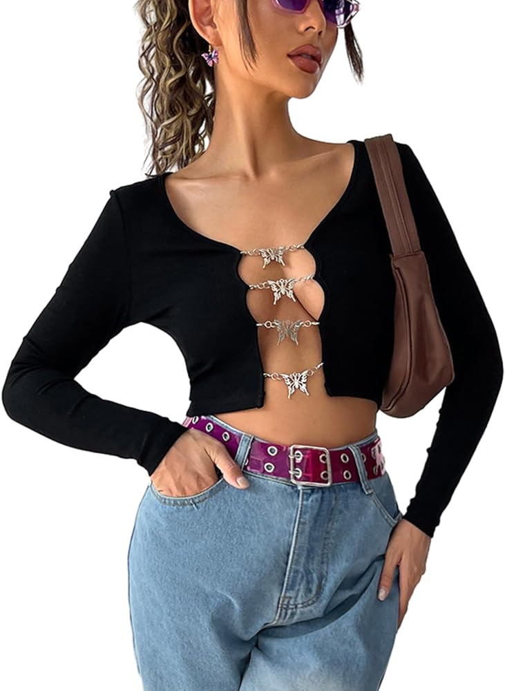 Floerns Women's Butterfly Chain Linked Long Sleeve Rib Knit Crop Top T Shirt | Amazon (US)