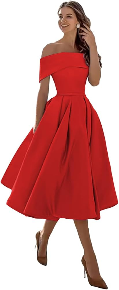 Womens Satin Strapless Short Prom Dresses with Pockets Modest A-Line Off The Shoulder Tea Length ... | Amazon (US)