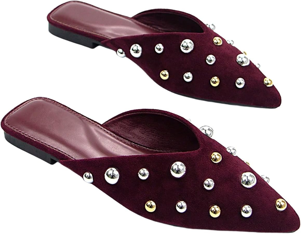 Mules for Women Pointed Toe Shoes Studded Mules Slip on Faux Leather Flat Sandals Dressy Shoes | Amazon (US)