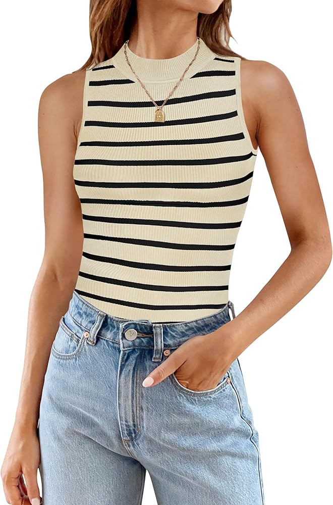 ZESICA Womens Ribbed Tank Tops High Neck Slim Fitted Striped Basic Casual Summer Sleeveless Shirt... | Amazon (US)
