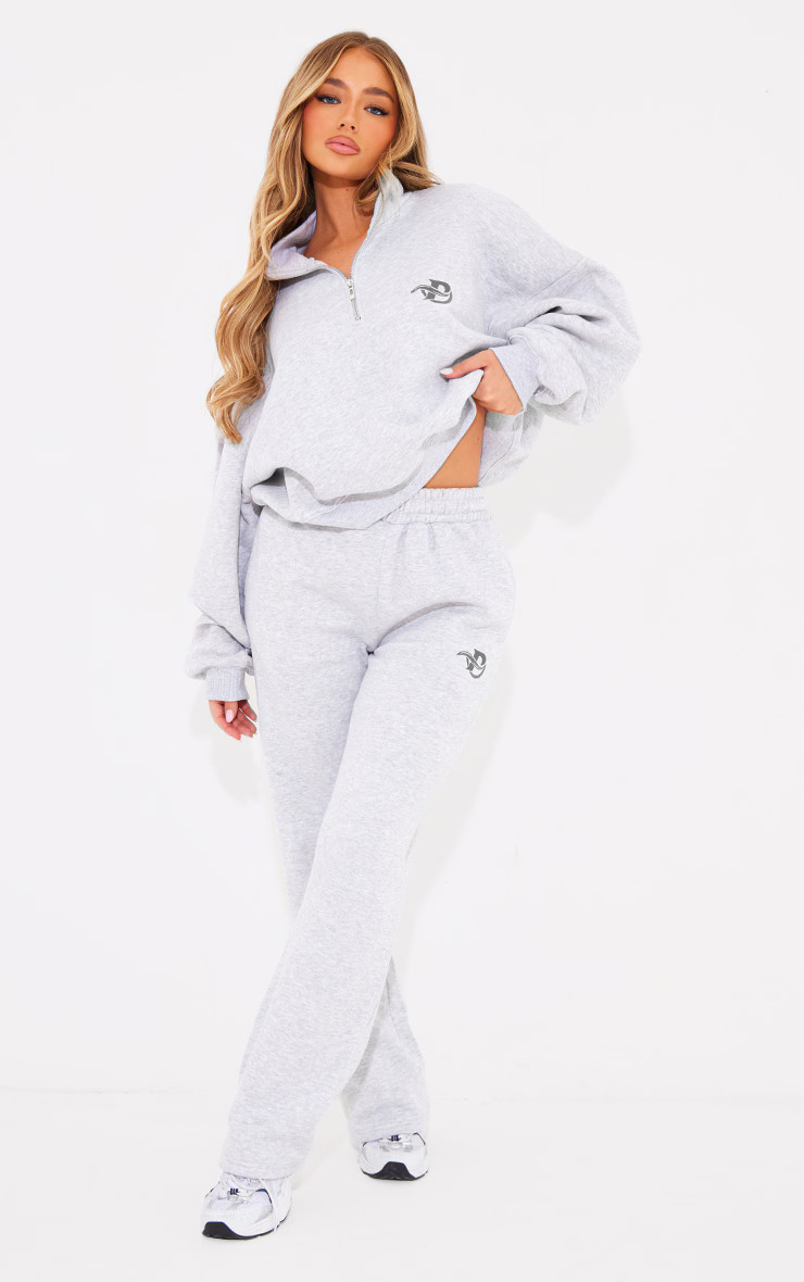 PRETTYLITTLETHING Ash Grey Logo Embroidered Wide Leg Sweatpants | PrettyLittleThing US