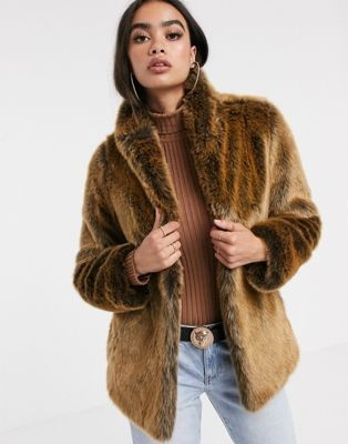 ASOS DESIGN stand collar faux fur coat in brown | ASOS | ASOS US