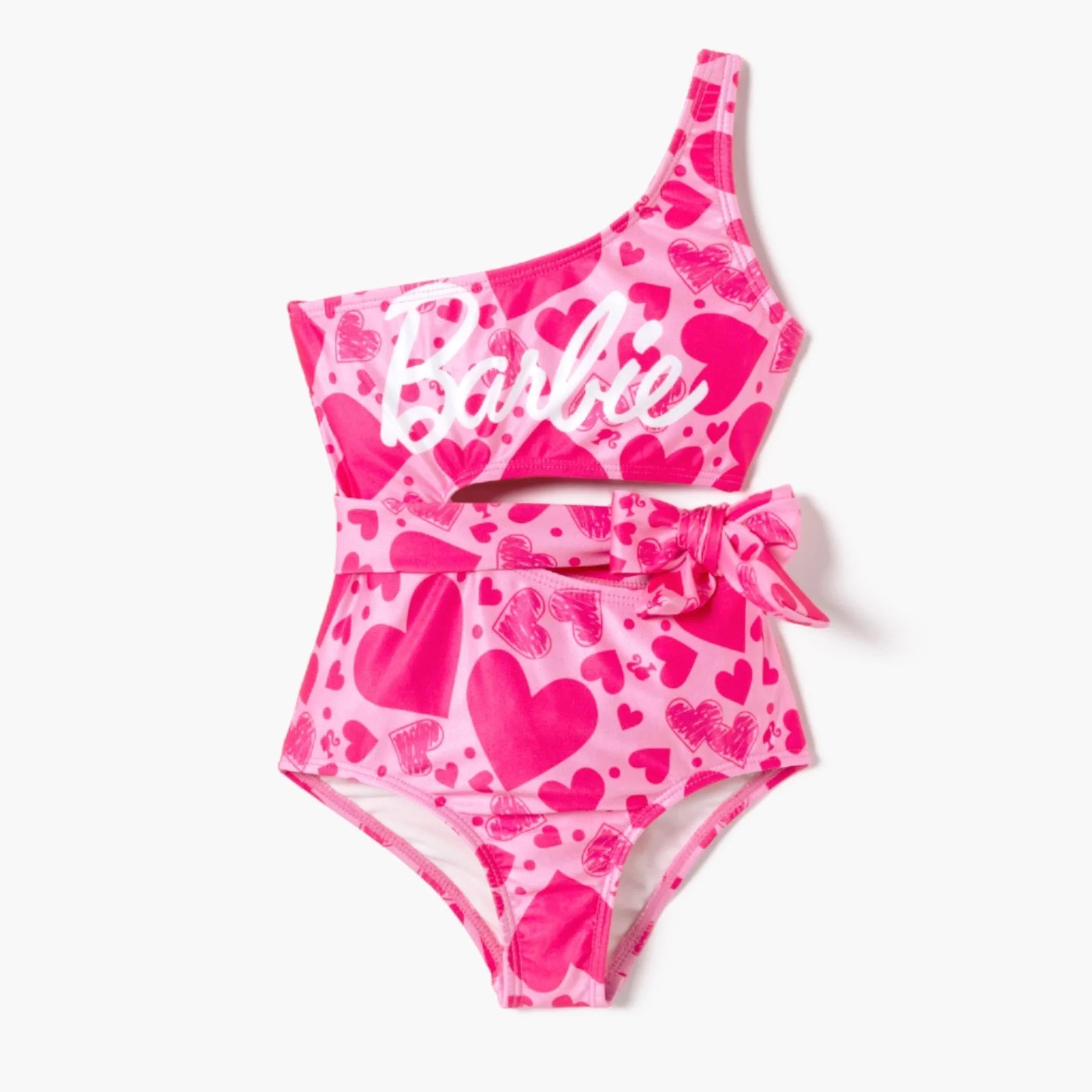 Barbie Girls Bikini One Shoulder High Waisted Bathing Suit Pink Heart Bowknot Swimwear Sizes 2-9 | Walmart (US)