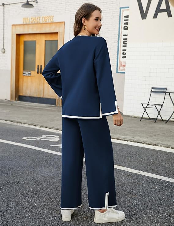 Bloggerlove Women's Knit 2 Piece Sweater Sets Long Sleeve Pullover Tops Elastic Waist Wide Leg Pa... | Amazon (US)