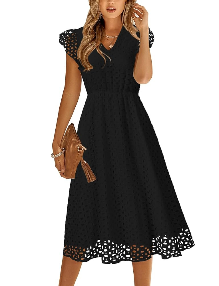Women's 2025 Ruffle Sleeve Eyelet V Neck Mini A Line Casual Elegant Holiday Wedding Guest Party D... | Amazon (US)