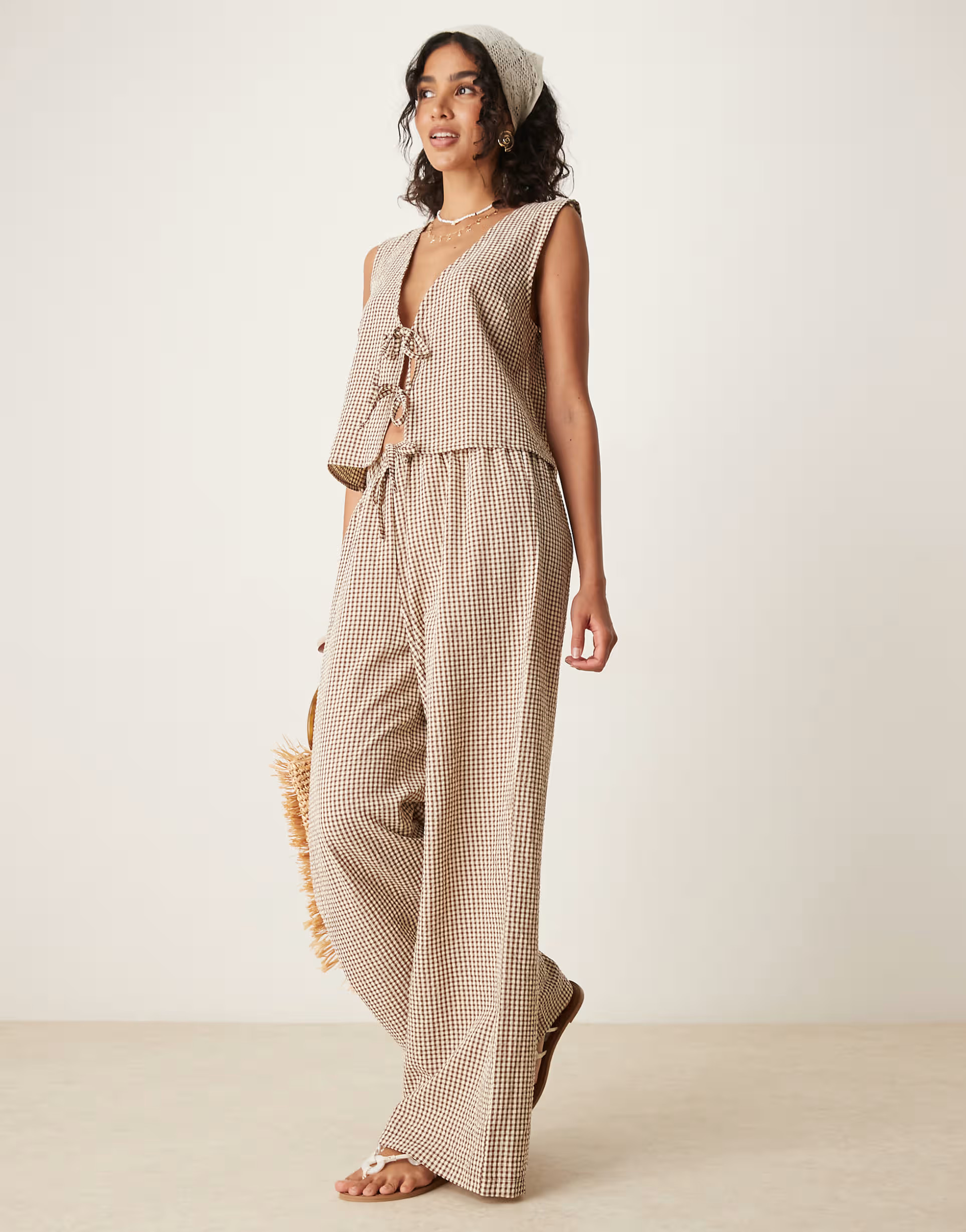 ASOS DESIGN wide leg pull on trouser in buttermilk gingham | ASOS (Global)