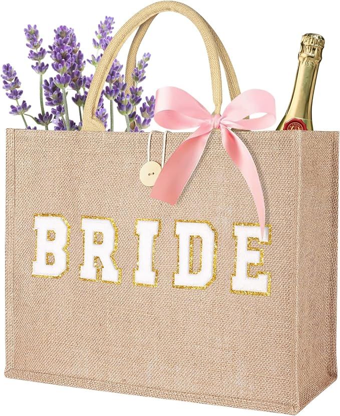 JUSTOTRY Bride Bag - Bride to Be Gifts Natural Jute Large Tote Bag for Bachelorette Party Bridal ... | Amazon (US)