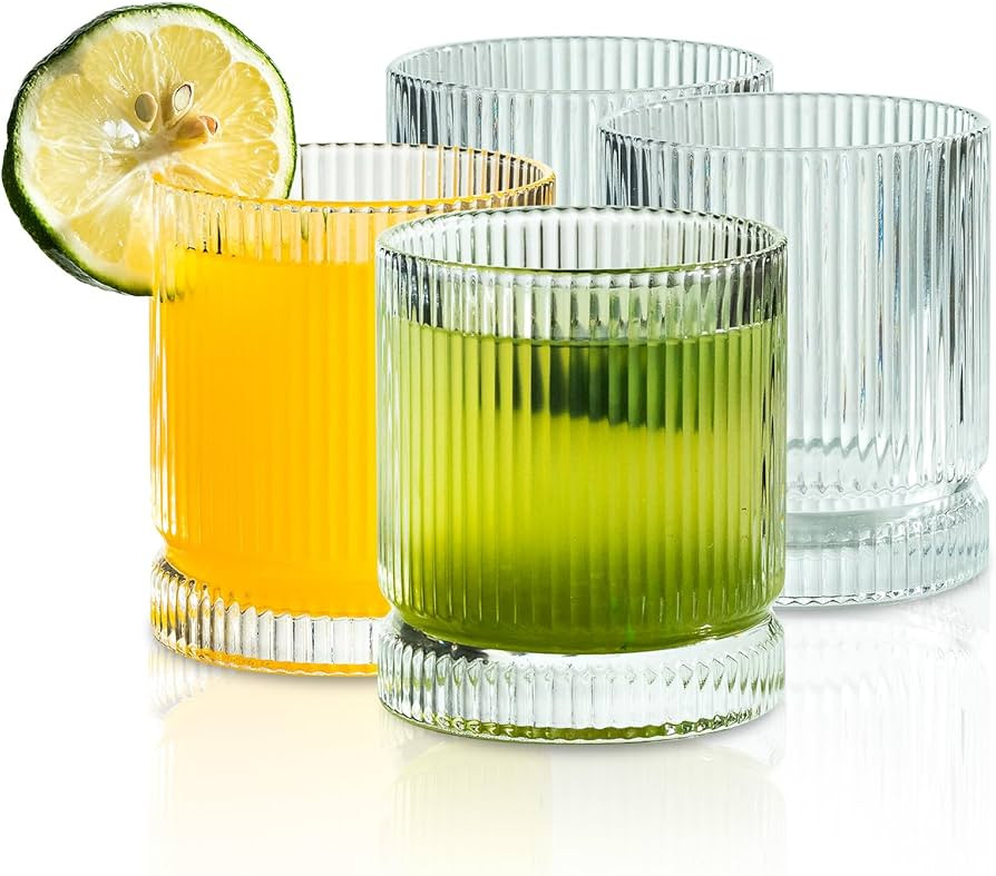 Ribbed Glass Cups Set, 13oz Vintage Drinking Glassware Set, 4 Piece Premium Glassware, Elegant Mi... | Amazon (US)