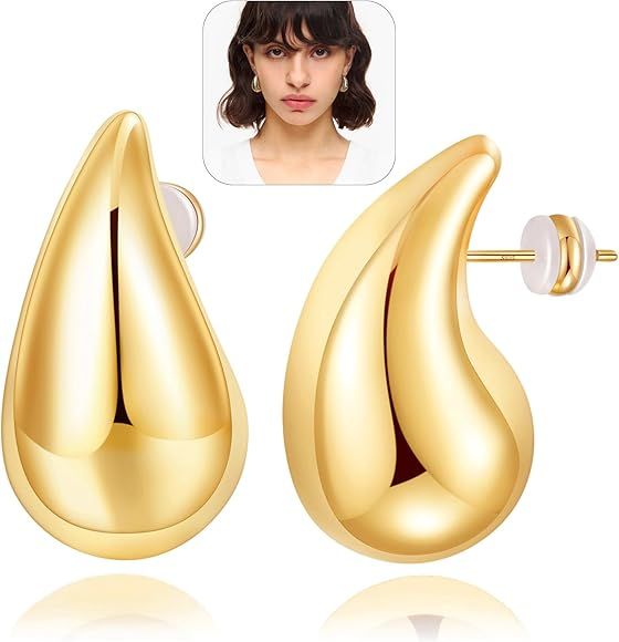 Chunky Gold Hoop Earrings for Women, Lightweight Teardrop Earrings Hypoallergenic Gold Plated Wat... | Amazon (UK)